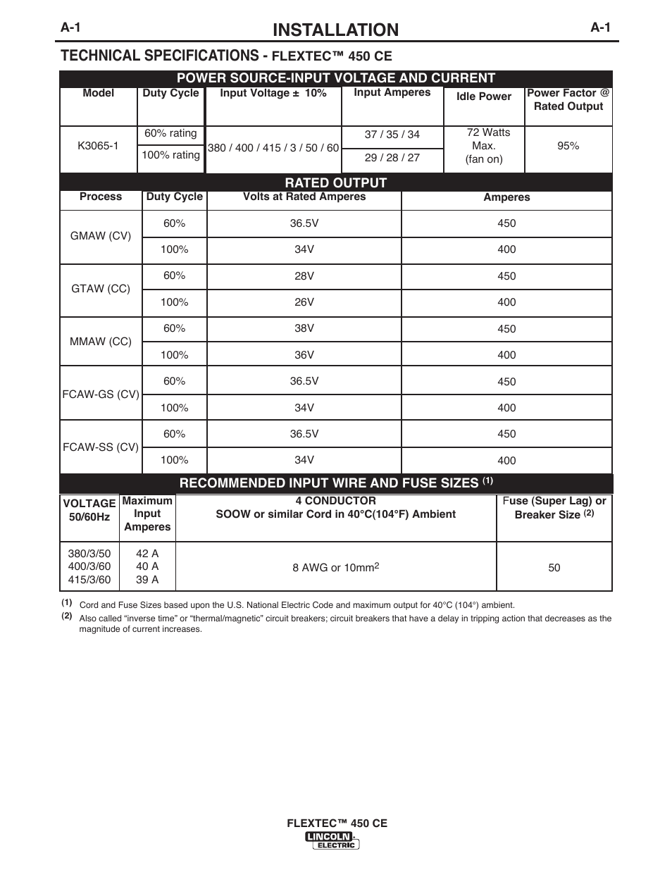 Installation, Technical specifications | Lincoln Electric FLEXTEC 450 CE User Manual | Page 8 / 40