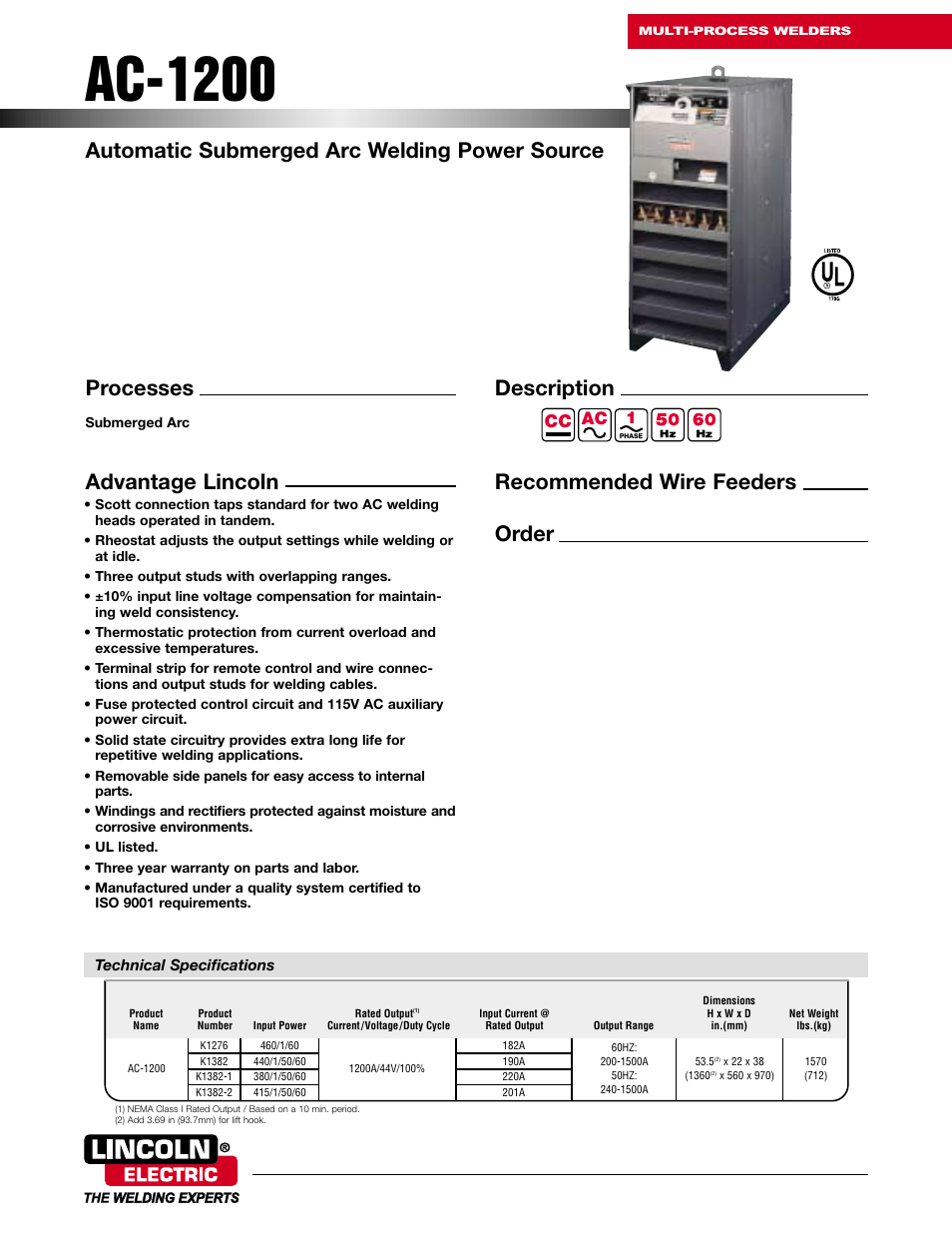 Lincoln Electric AC-1200 User Manual | 2 pages