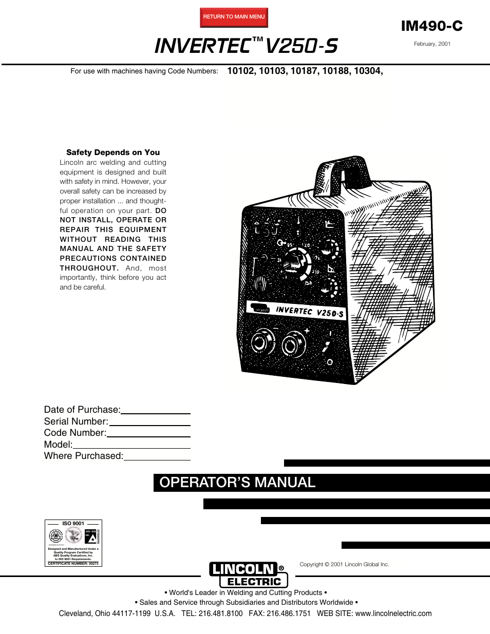 Lincoln Electric INVERTEC V250-S IM490-C User Manual | 37 pages