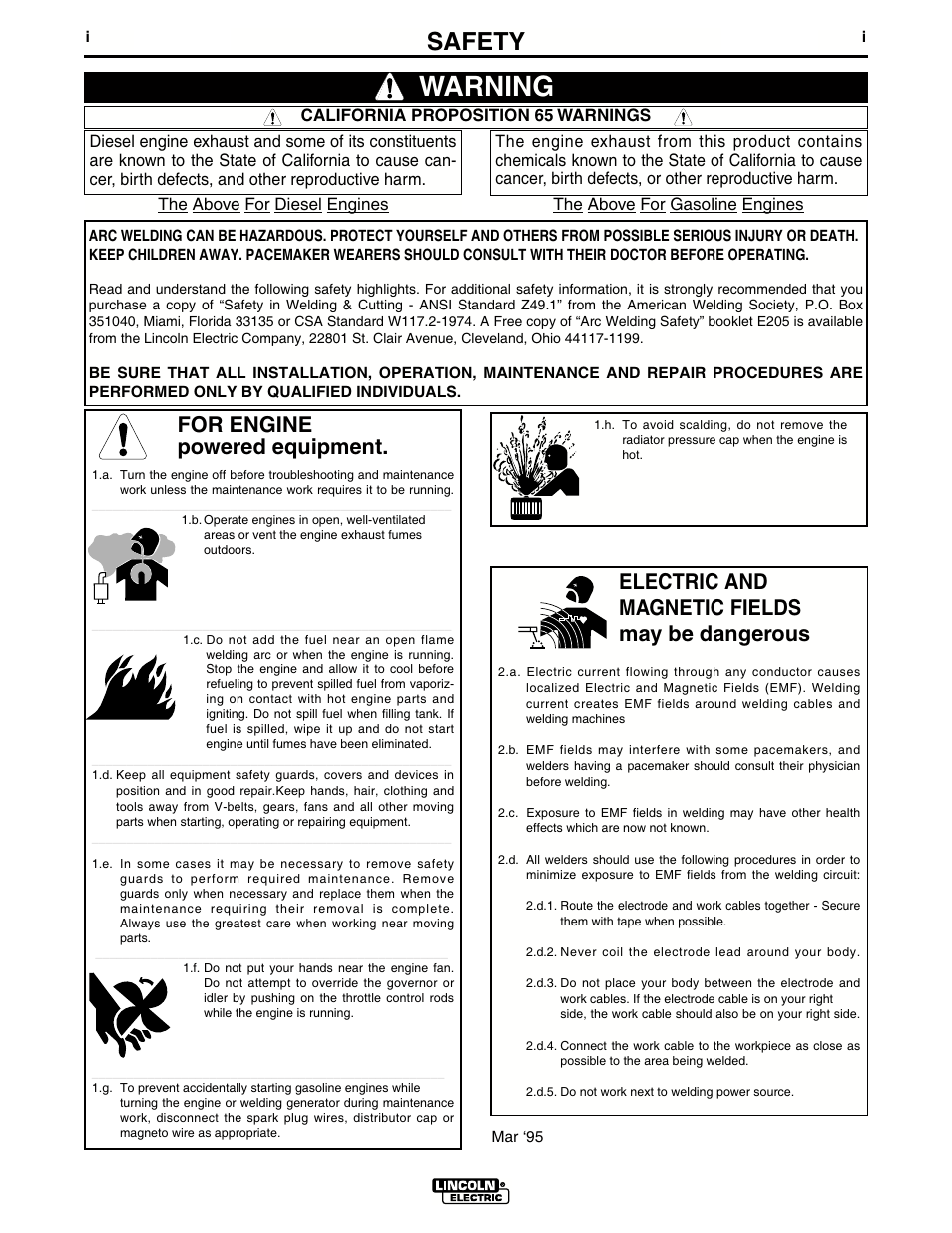 Warning, Safety, For engine powered equipment | Electric and magnetic fields may be dangerous | Lincoln Electric INVERTEC V250-S IM490-C User Manual | Page 2 / 37