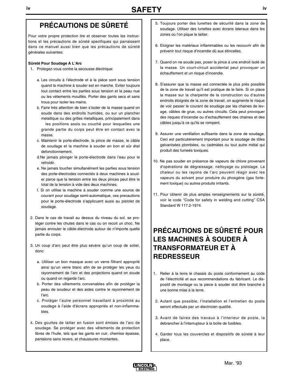 Safety, Précautions de sûreté | Lincoln Electric INVERTEC V250-S IM490-C User Manual | Page 5 / 37
