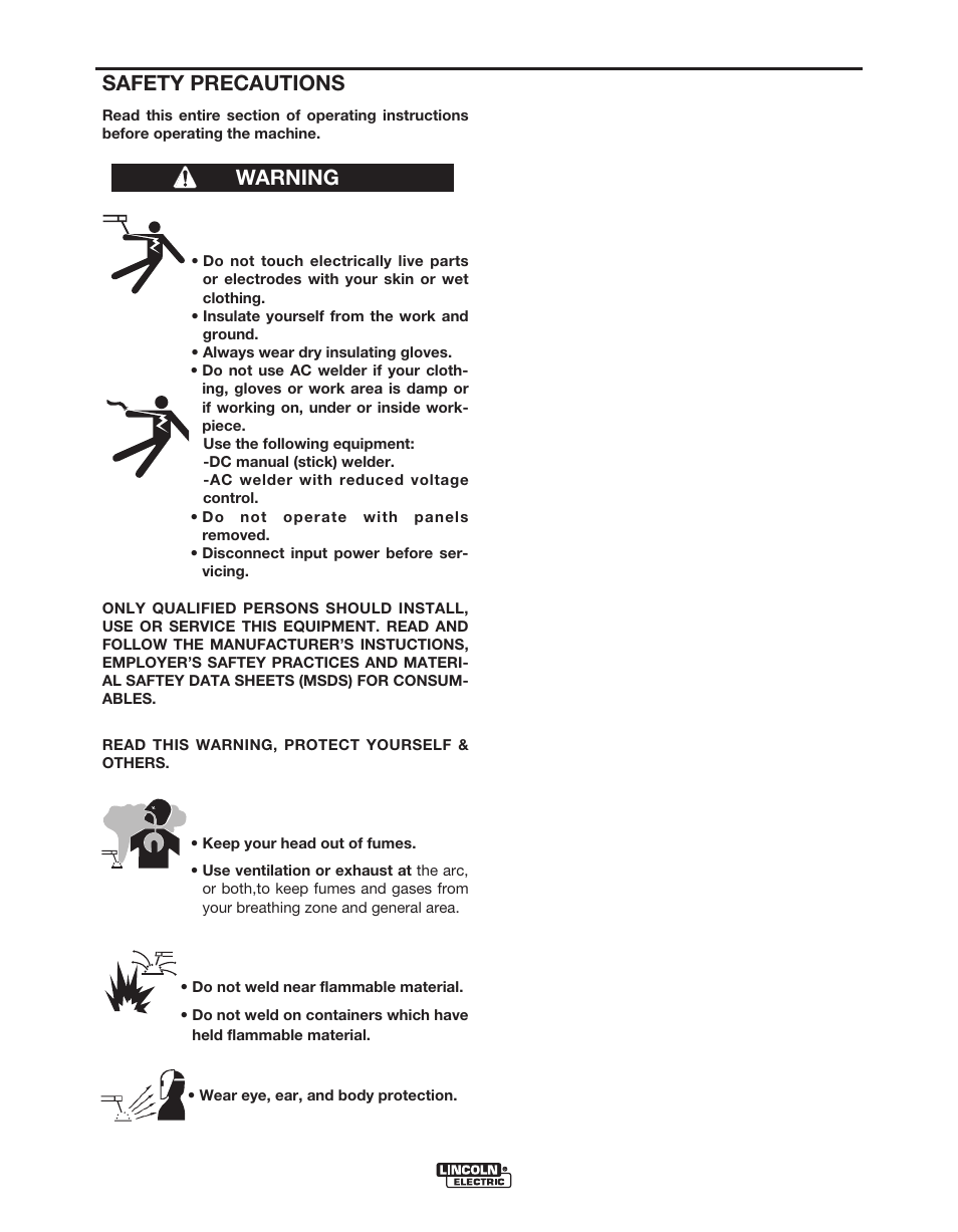 Operation, Safety precautions, Warning | Lincoln Electric POWER FEED IM849 User Manual | Page 16 / 41
