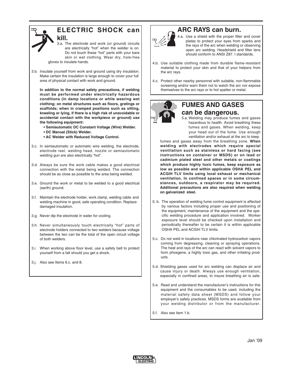 Safety, Arc rays can burn, Electric shock can kill | Fumes and gases can be dangerous | Lincoln Electric POWER FEED IM849 User Manual | Page 3 / 41