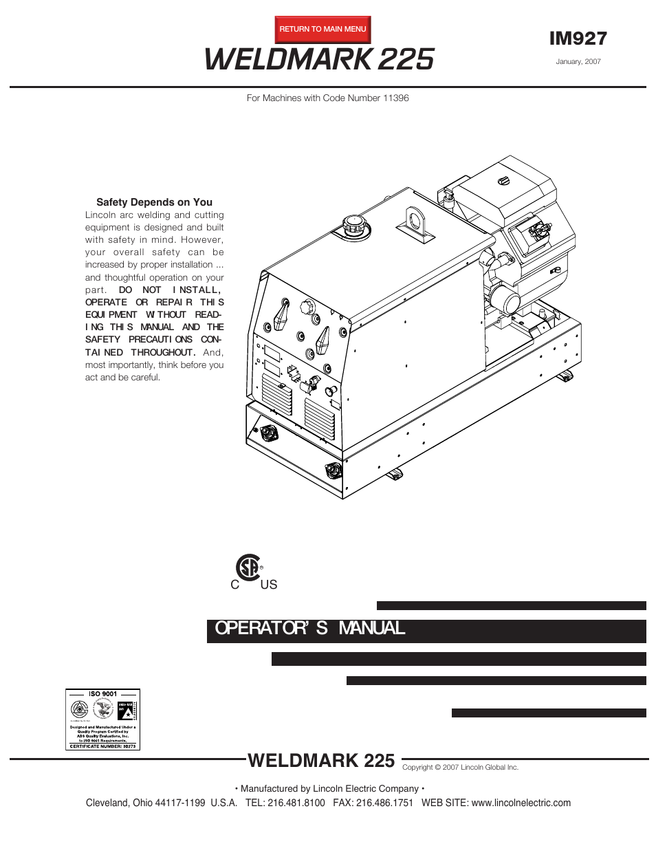 Lincoln Electric WELDMARK 225 IM927 User Manual | 35 pages