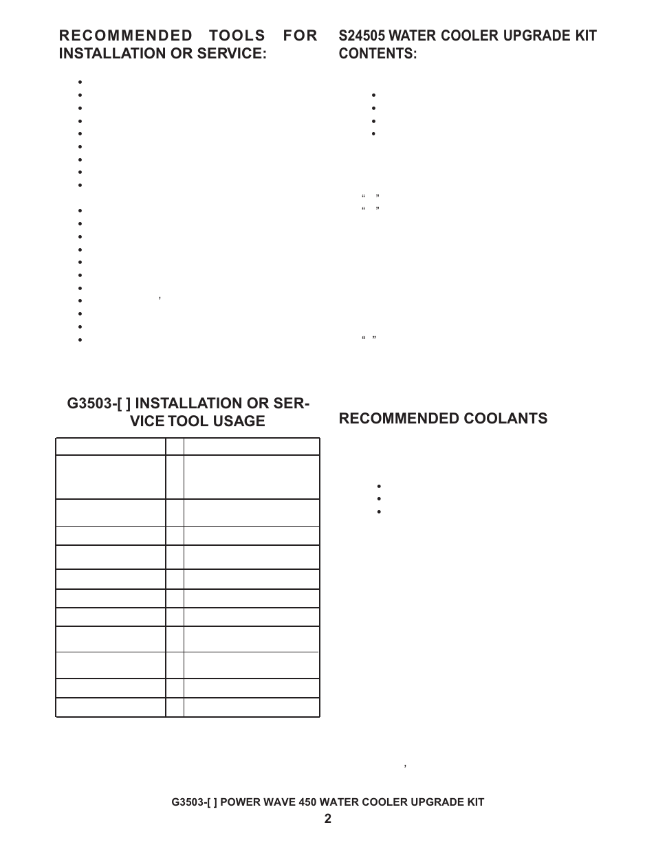 Recommended tools for installation or service, G3503-[ ] installation or ser- vice tool usage, Recommended coolants | Lincoln Electric POWER WAVE IM645-A User Manual | Page 2 / 8