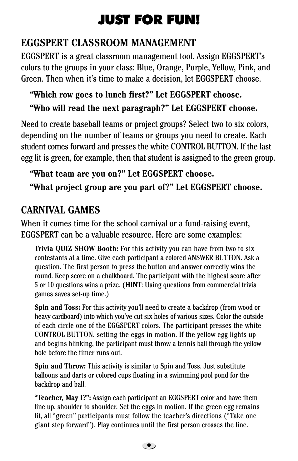 Just for fun, Eggspert classroom management, Carnival games | Learning Resources Eggspert EI-7880 User Manual | Page 10 / 15
