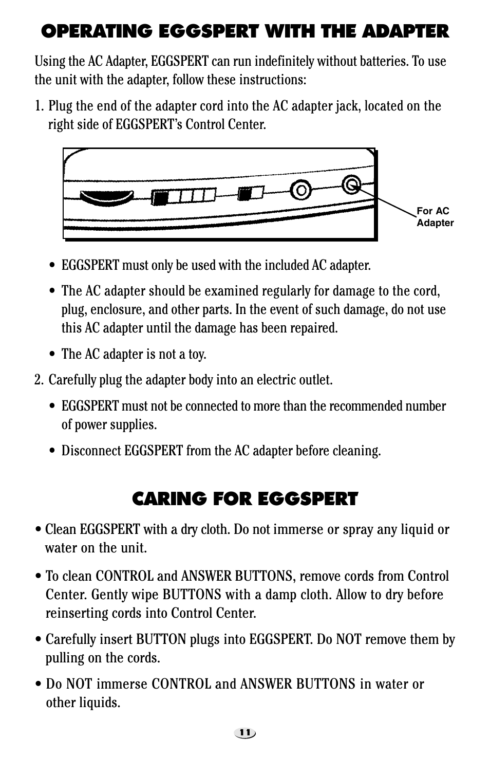 Caring for eggspert, Operating eggspert with the adapter | Learning Resources Eggspert EI-7880 User Manual | Page 12 / 15