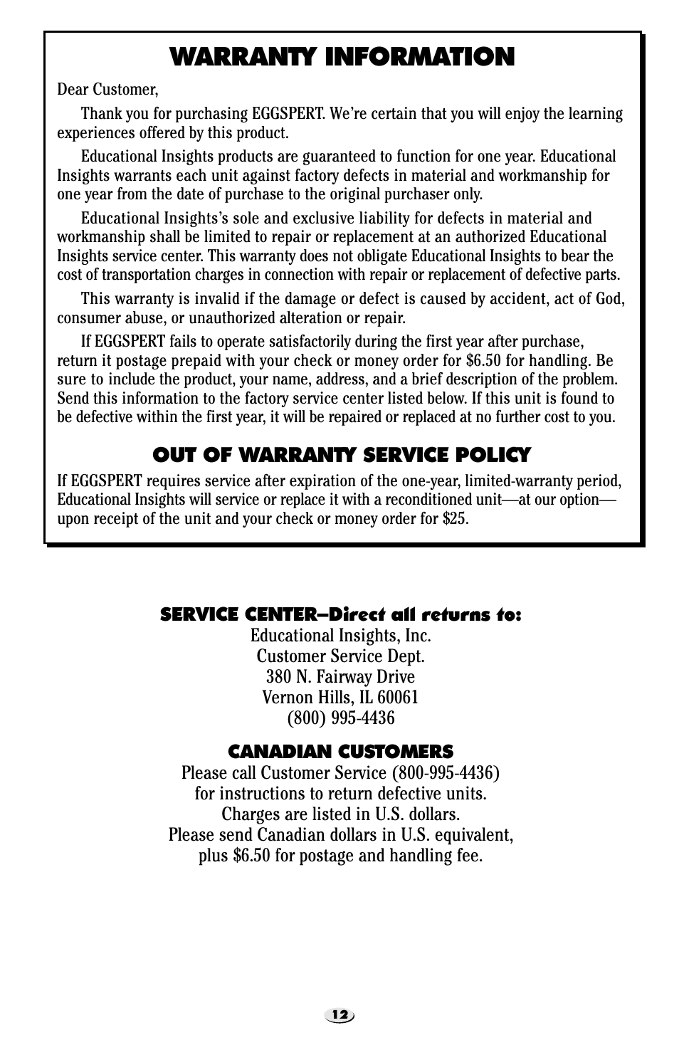 Warranty information | Learning Resources Eggspert EI-7880 User Manual | Page 13 / 15