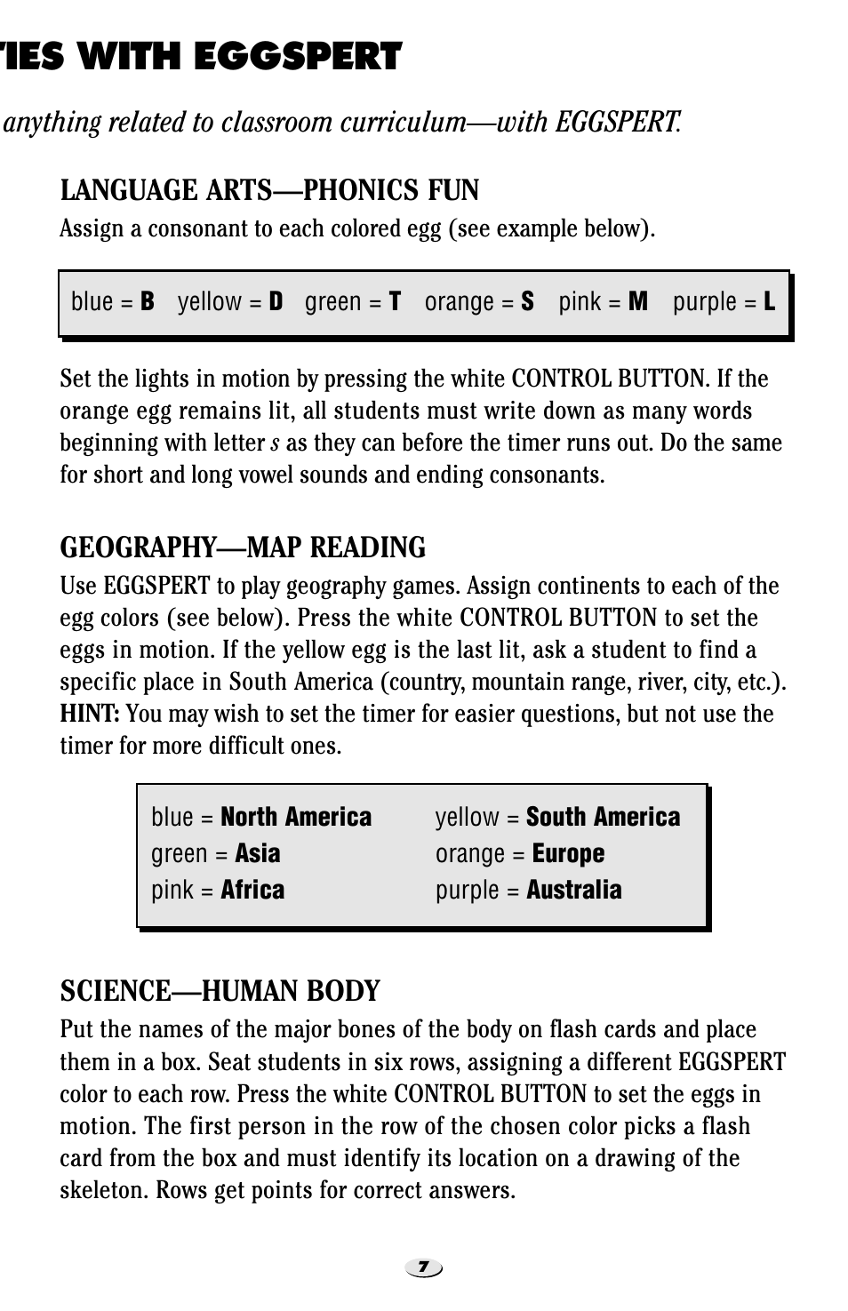 Ties with eggspert, Language arts—phonics fun, Geography—map reading | Science—human body | Learning Resources Eggspert EI-7880 User Manual | Page 8 / 15