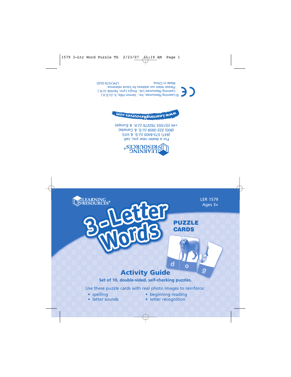 Learning Resources 3-Letter Words LER 1579 User Manual | 2 pages