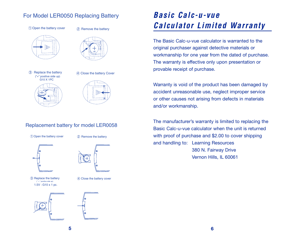 For model ler0050 replacing battery | Learning Resources Calc-u-vue LER 0068/50 User Manual | Page 4 / 4