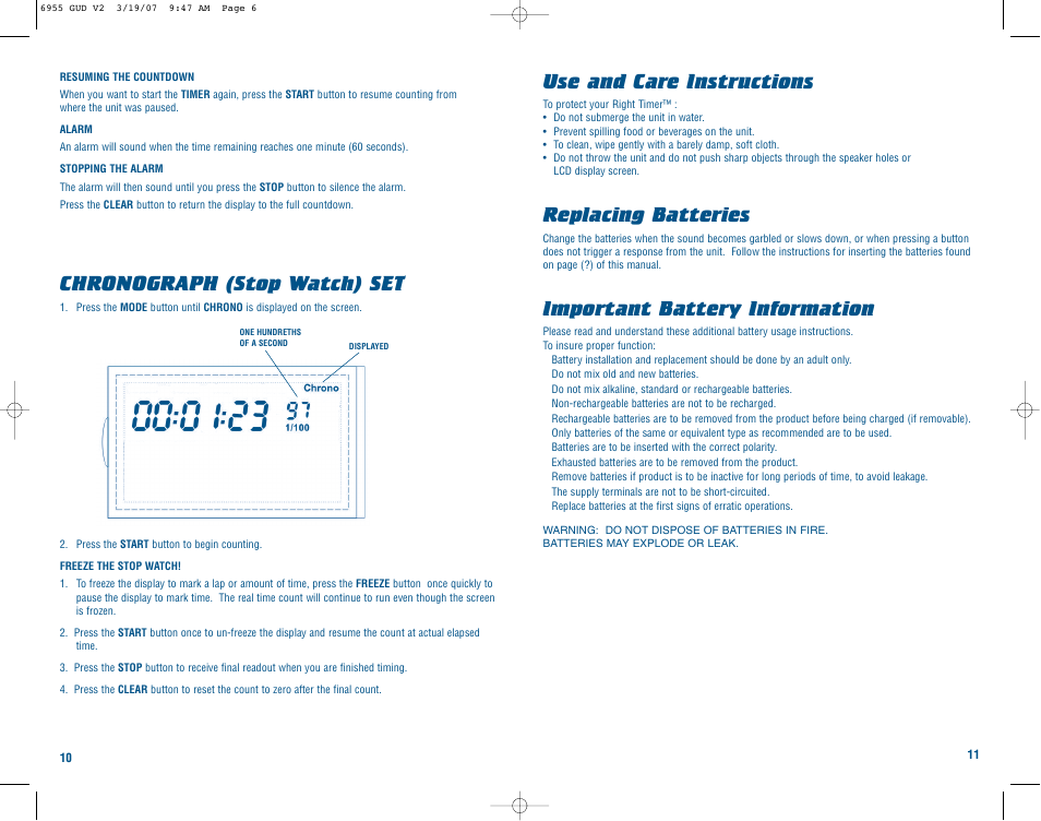 Chronograph (stop watch) set, Use and care instructions, Replacing batteries | Important battery information | Learning Resources RIGHT TIMER LER 6955 User Manual | Page 6 / 6