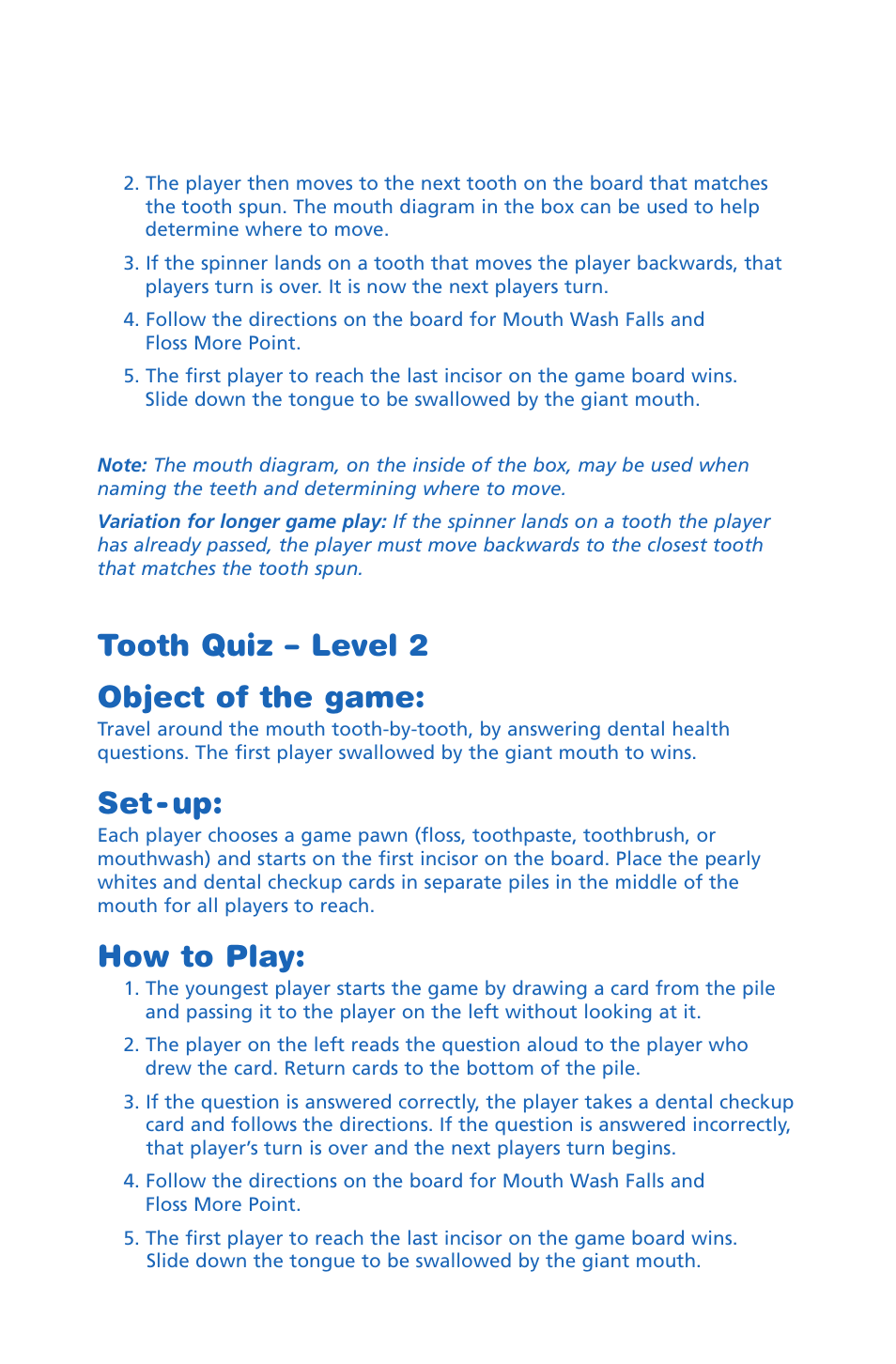 Tooth quiz – level 2 object of the game, Set - up, How to play | Learning Resources Pearly Whites LER 7340 User Manual | Page 3 / 4