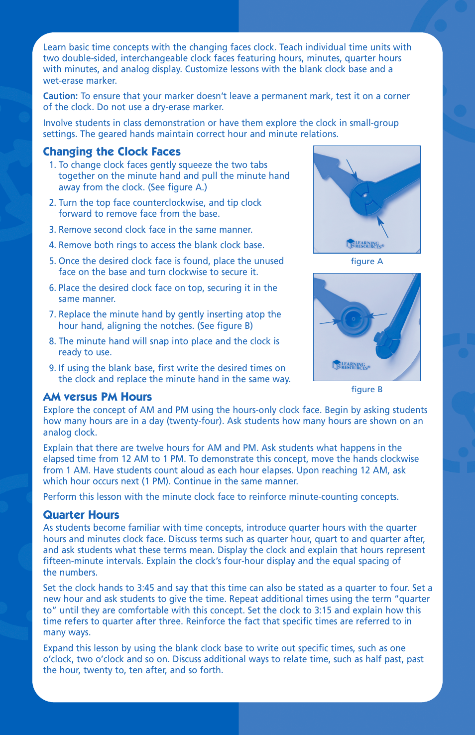 Changing the clock faces, Am versus pm hours, Quarter hours | Learning Resources LER 3008 User Manual | Page 2 / 8