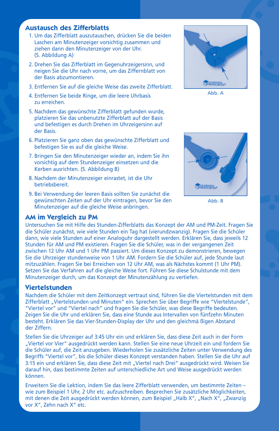 Austausch des zifferblatts, Am im vergleich zu pm, Viertelstunden | Learning Resources LER 3008 User Manual | Page 6 / 8