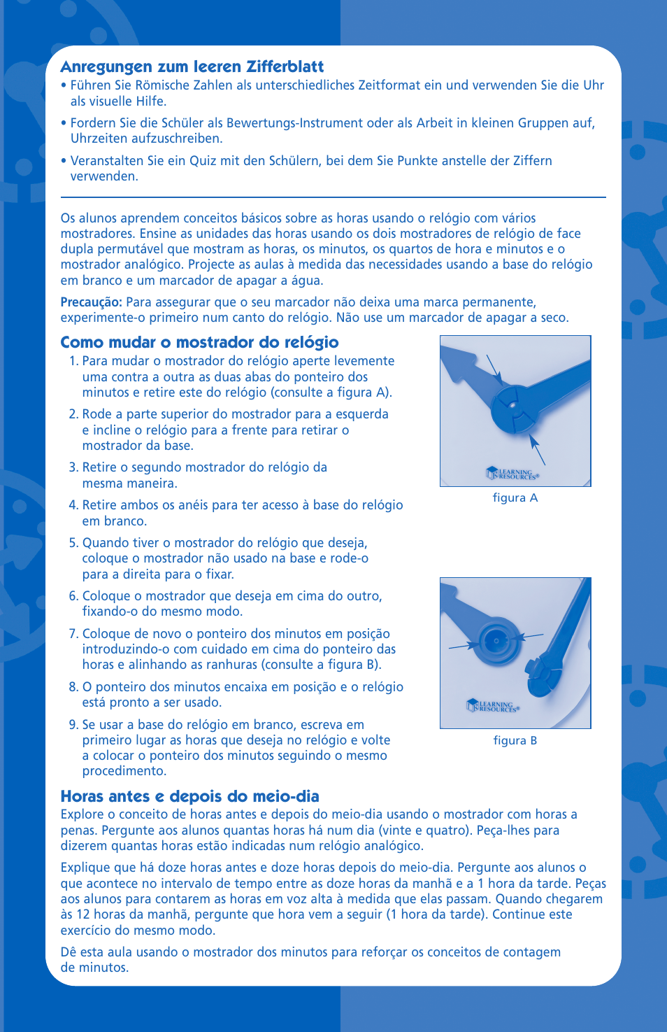 Como mudar o mostrador do relógio, Horas antes e depois do meio-dia, Anregungen zum leeren zifferblatt | Learning Resources LER 3008 User Manual | Page 7 / 8