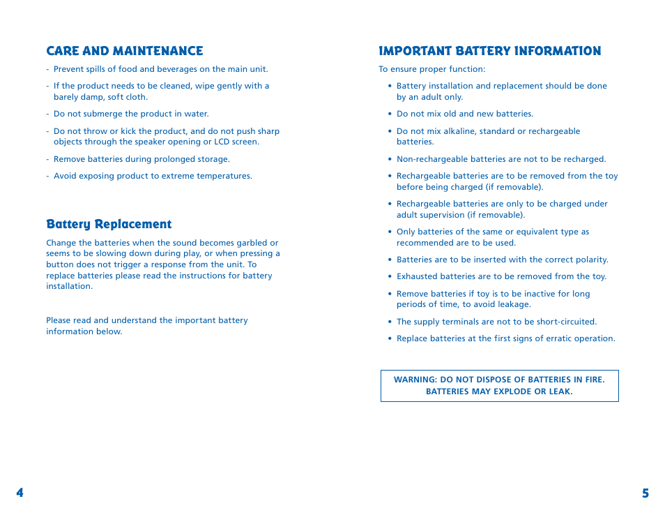 Care and maintenance, Battery replacement, Important battery information | Learning Resources Light 'N' Strike LER 6906 User Manual | Page 4 / 4