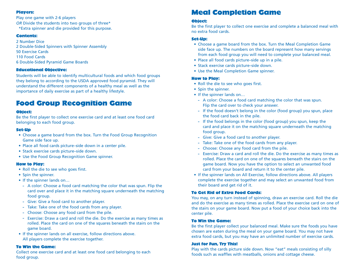 Food group recognition game, Meal completion game | Learning Resources Healthy Hurdles Brochure User Manual | Page 2 / 2