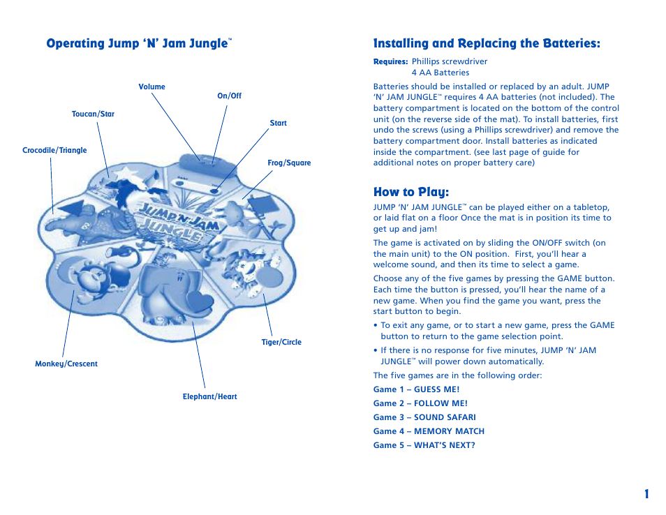 Installing and replacing the batteries, How to play, Operating jump ‘n’ jam jungle | Learning Resources Jump N' Jam Jungle LER 6904 User Manual | Page 2 / 4