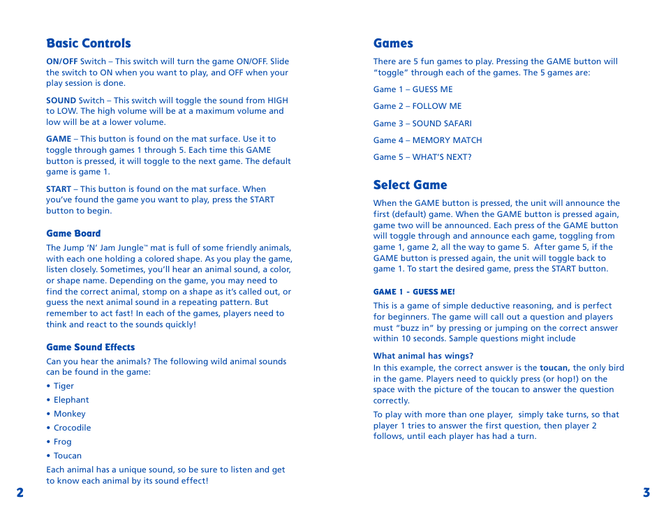 Basic controls, 23 games, Select game | Learning Resources Jump N' Jam Jungle LER 6904 User Manual | Page 3 / 4