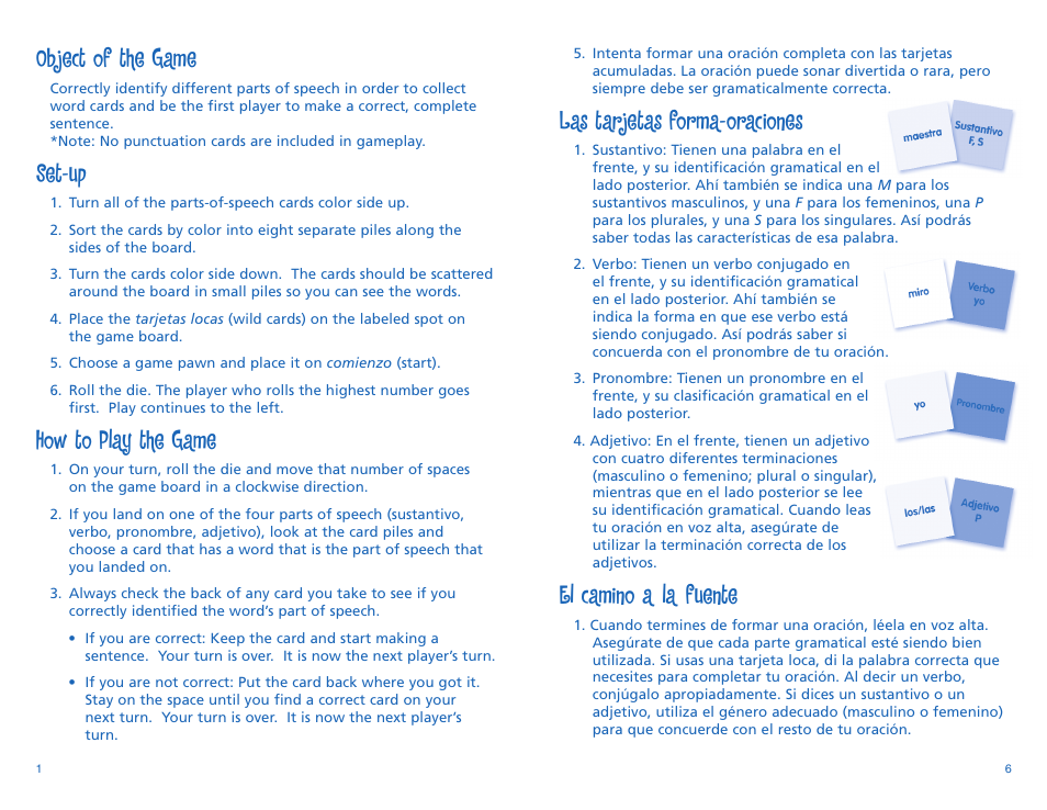 Las tarjetas forma-oraciones, El camino a la fuente, Object of the game | Set-up, How to play the game | Learning Resources Oraciones Divertidas LER 1066 User Manual | Page 2 / 4