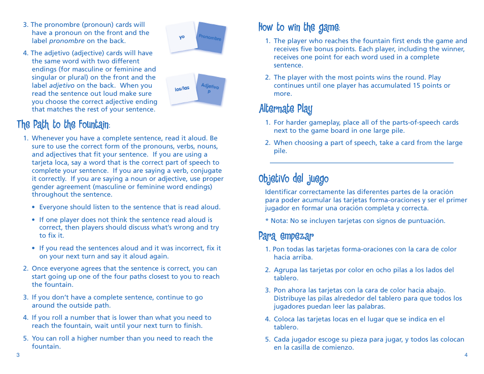How to win the game, Alternate play, Objetivo del juego | Para empezar, The path to the fountain | Learning Resources Oraciones Divertidas LER 1066 User Manual | Page 4 / 4