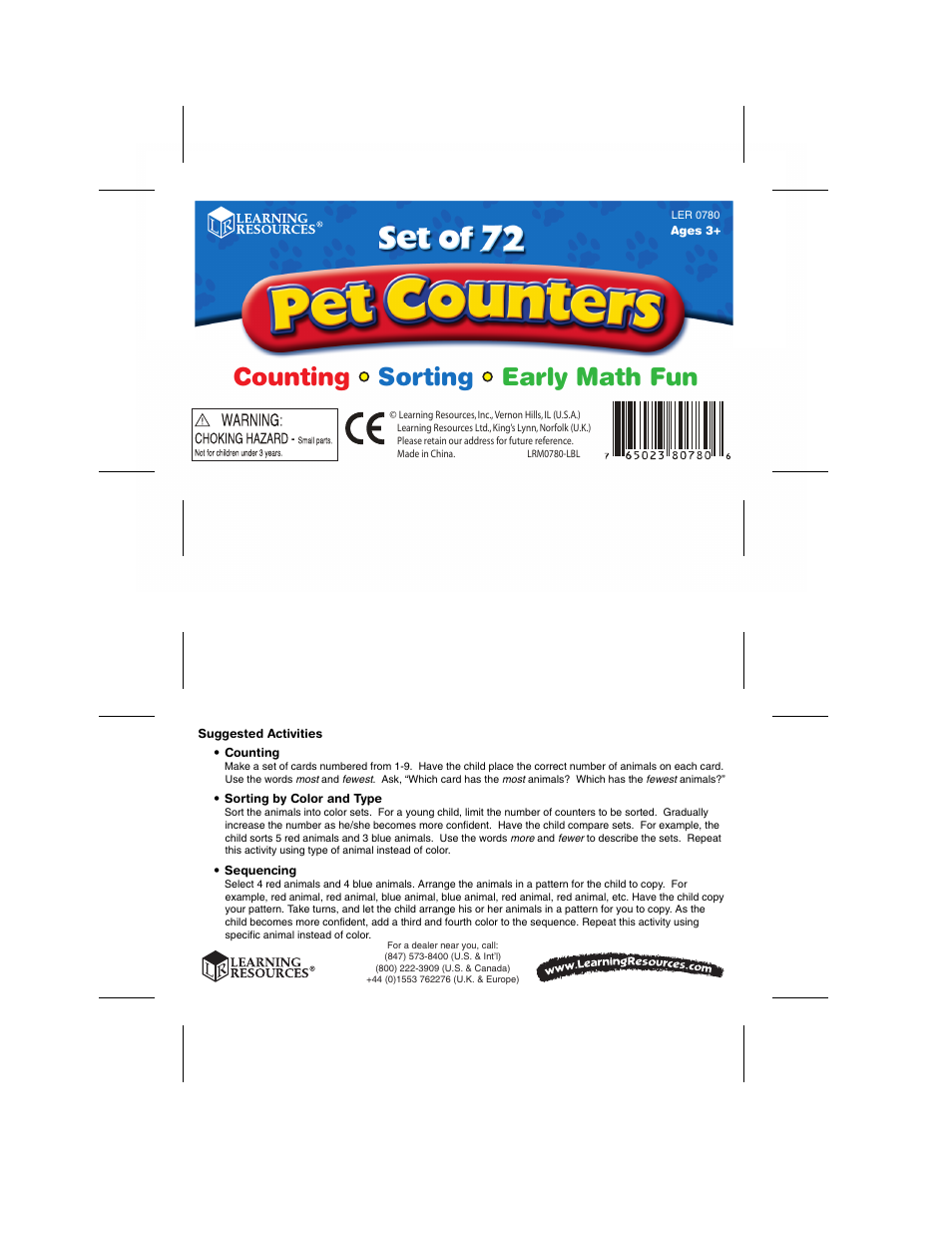 Learning Resources Pet Counters LER 0780 User Manual | 1 page