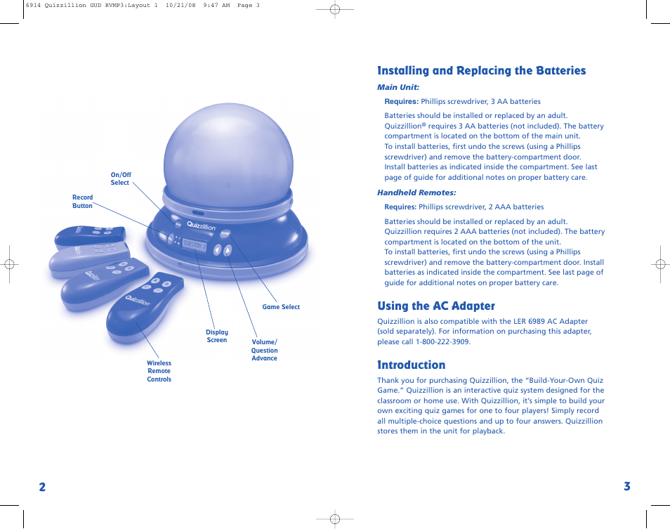 Installing and replacing the batteries, Using the ac adapter, Introduction | Learning Resources Quizzillion LER 6914 User Manual | Page 2 / 4