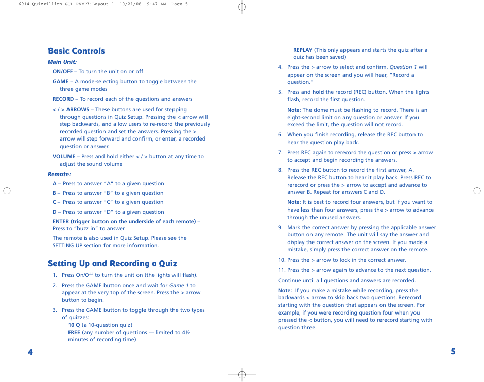 Basic controls, Setting up and recording a quiz | Learning Resources Quizzillion LER 6914 User Manual | Page 3 / 4