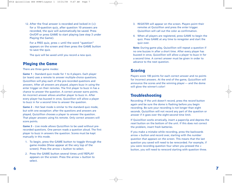 Scoring, Troubleshooting, Playing the game | Learning Resources Quizzillion LER 6914 User Manual | Page 4 / 4