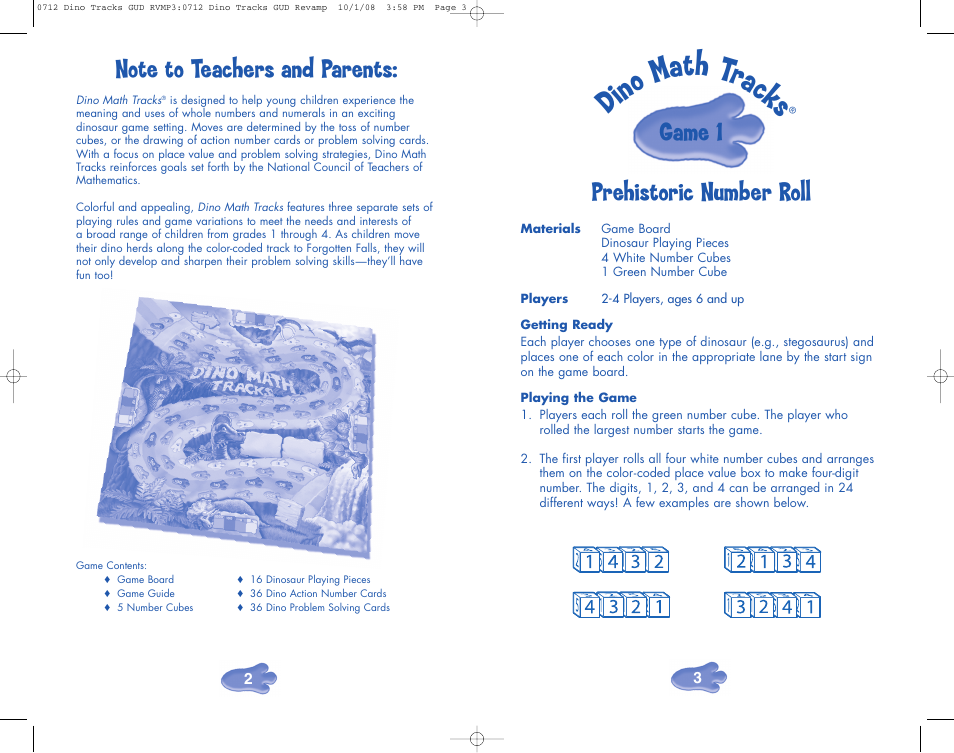 Din o ma th track s, Prehistoric number roll, Game 1 | Learning Resources Dino Math Tracks User Manual | Page 2 / 4