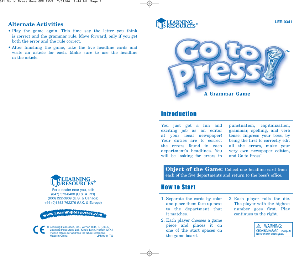 Learning Resources Go to Press LER 0341 User Manual | 2 pages