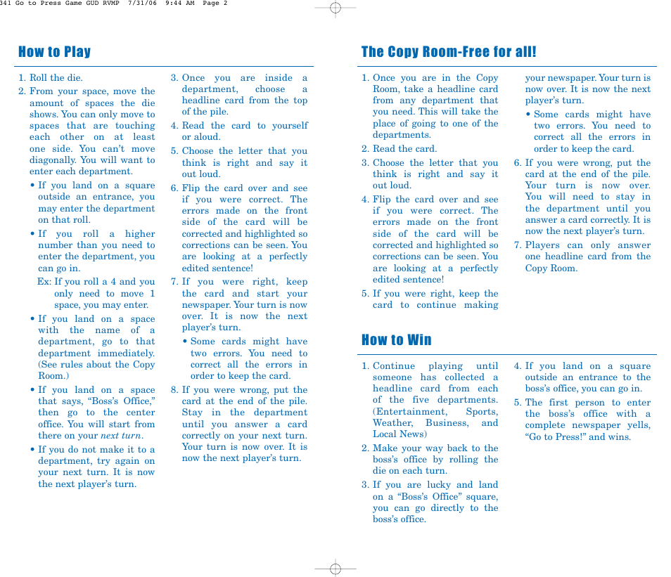 How to play the copy room-free for all, How to win | Learning Resources Go to Press LER 0341 User Manual | Page 2 / 2