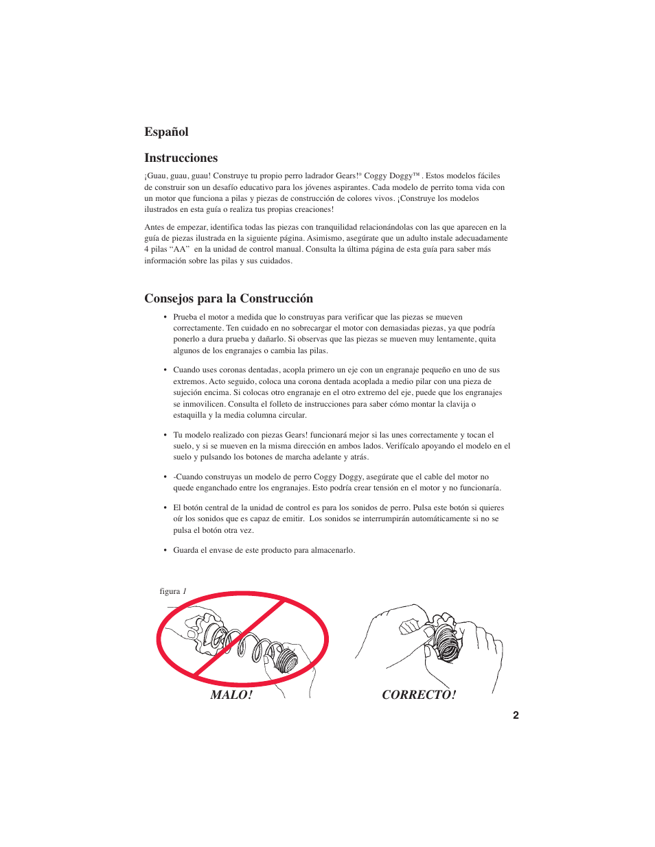 Español instrucciones, Consejos para la construcción, Malo! correcto | Learning Resources Coggy Doggy LER 9210 User Manual | Page 3 / 24