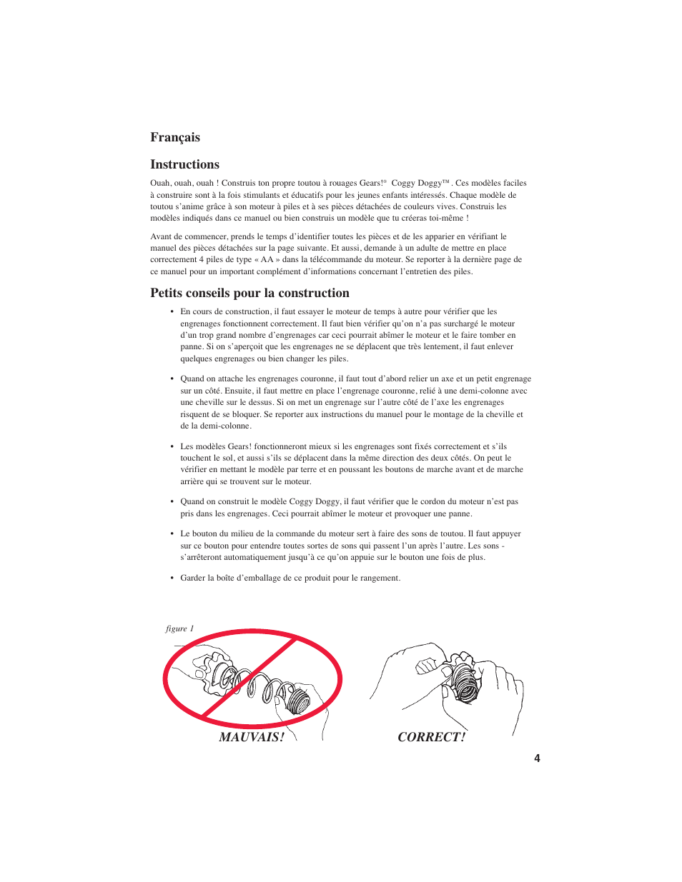 Français instructions, Petits conseils pour la construction, Mauvais! correct | Learning Resources Coggy Doggy LER 9210 User Manual | Page 5 / 24