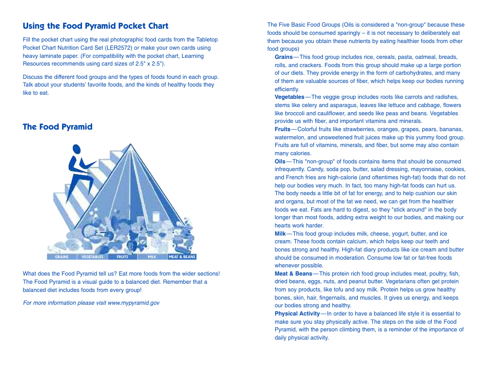 Using the food pyramid pocket chart, The food pyramid | Learning Resources Food Pyramid LER 2493 User Manual | Page 2 / 2