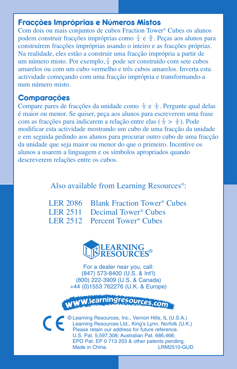 Also available from learning resources, Ler 2086 blank fraction tower, Cubes ler 2511 decimal tower | Cubes ler 2512 percent tower, Cubes, Fracções impróprias e números mistos, Comparações | Learning Resources Fraction Tower LER 2510 User Manual | Page 12 / 12