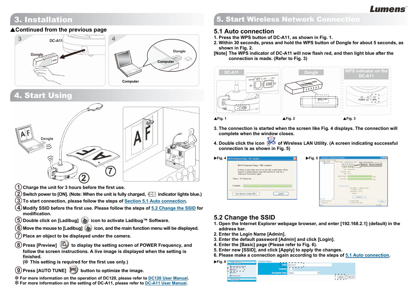 Installation, Start using, Software installation guide | Start wireless network connection, 1 auto connection, 2 change the ssid | Lumens Technology DC-A11 User Manual | Page 2 / 2