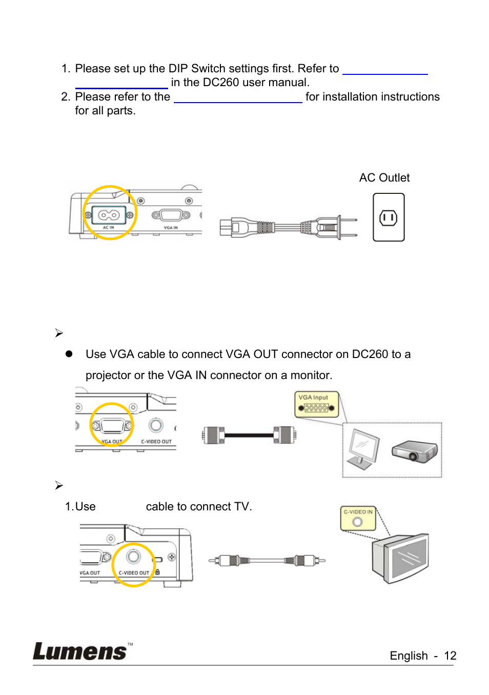 Mounting the dc260 at desktop, Connecting devices, 2 mounting the dc260 at desktop | 3 connecting devices | Lumens Technology KX-TG2560BKX-TG2560B DC260 User Manual | Page 13 / 49