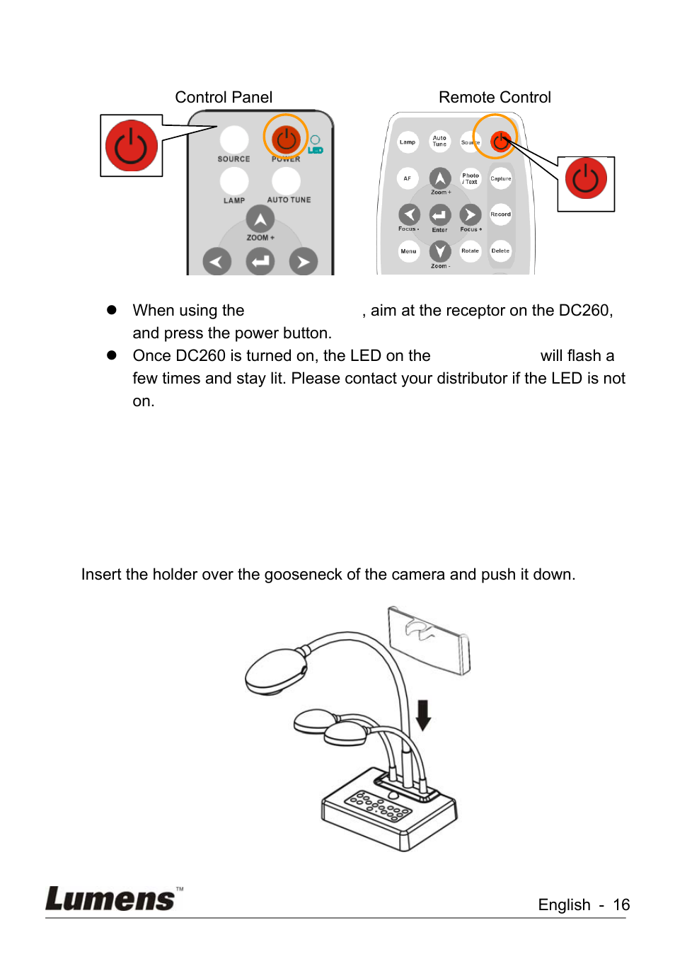 Start using the dc260, Installing remote control holder, 4 start using the dc260 | 5 installing remote control holder | Lumens Technology KX-TG2560BKX-TG2560B DC260 User Manual | Page 17 / 49
