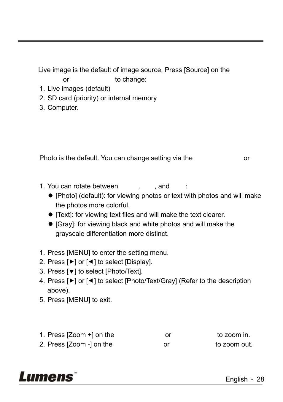 Chapter 7, Descriptions of major functions, I would like to switch image sources | I would like to zoom in /out of images, Chapter 7 descriptions of major functions, 1 i would like to switch image sources, 3 i would like to zoom in /out of images | Lumens Technology KX-TG2560BKX-TG2560B DC260 User Manual | Page 29 / 49