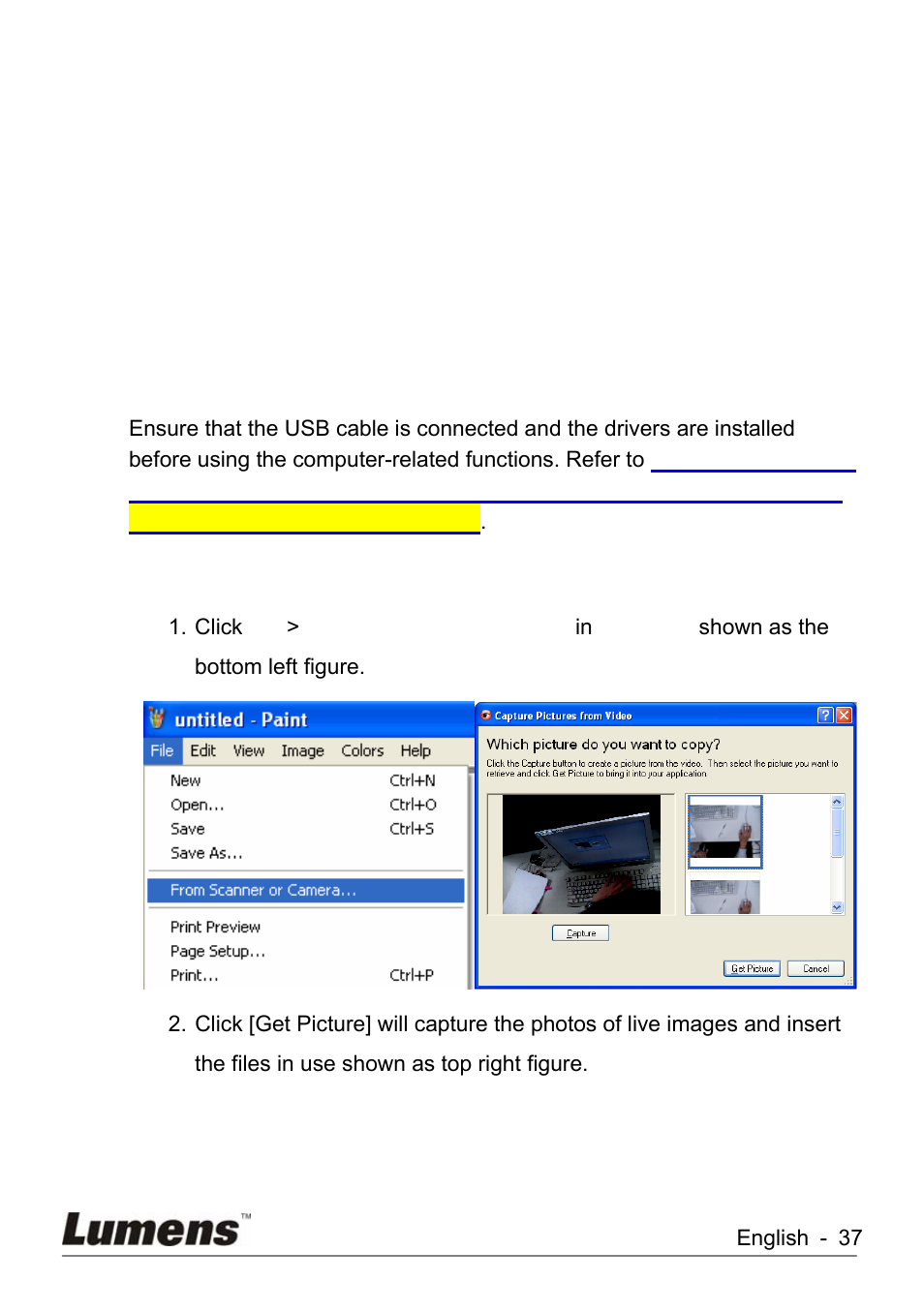 Computer-related functions, 20 computer-related functions, I would like to insert a photo in ms-paint | Lumens Technology KX-TG2560BKX-TG2560B DC260 User Manual | Page 38 / 49