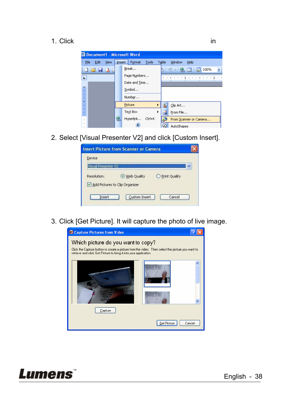 I would like to insert a photo in ms-word | Lumens Technology KX-TG2560BKX-TG2560B DC260 User Manual | Page 39 / 49