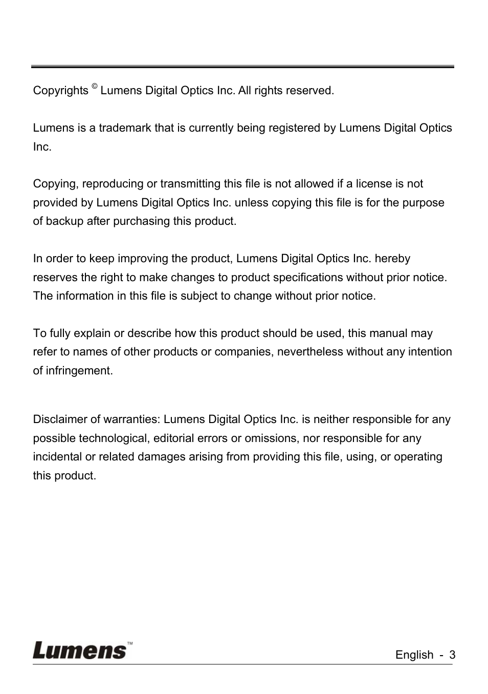 Copyright information | Lumens Technology KX-TG2560BKX-TG2560B DC260 User Manual | Page 4 / 49