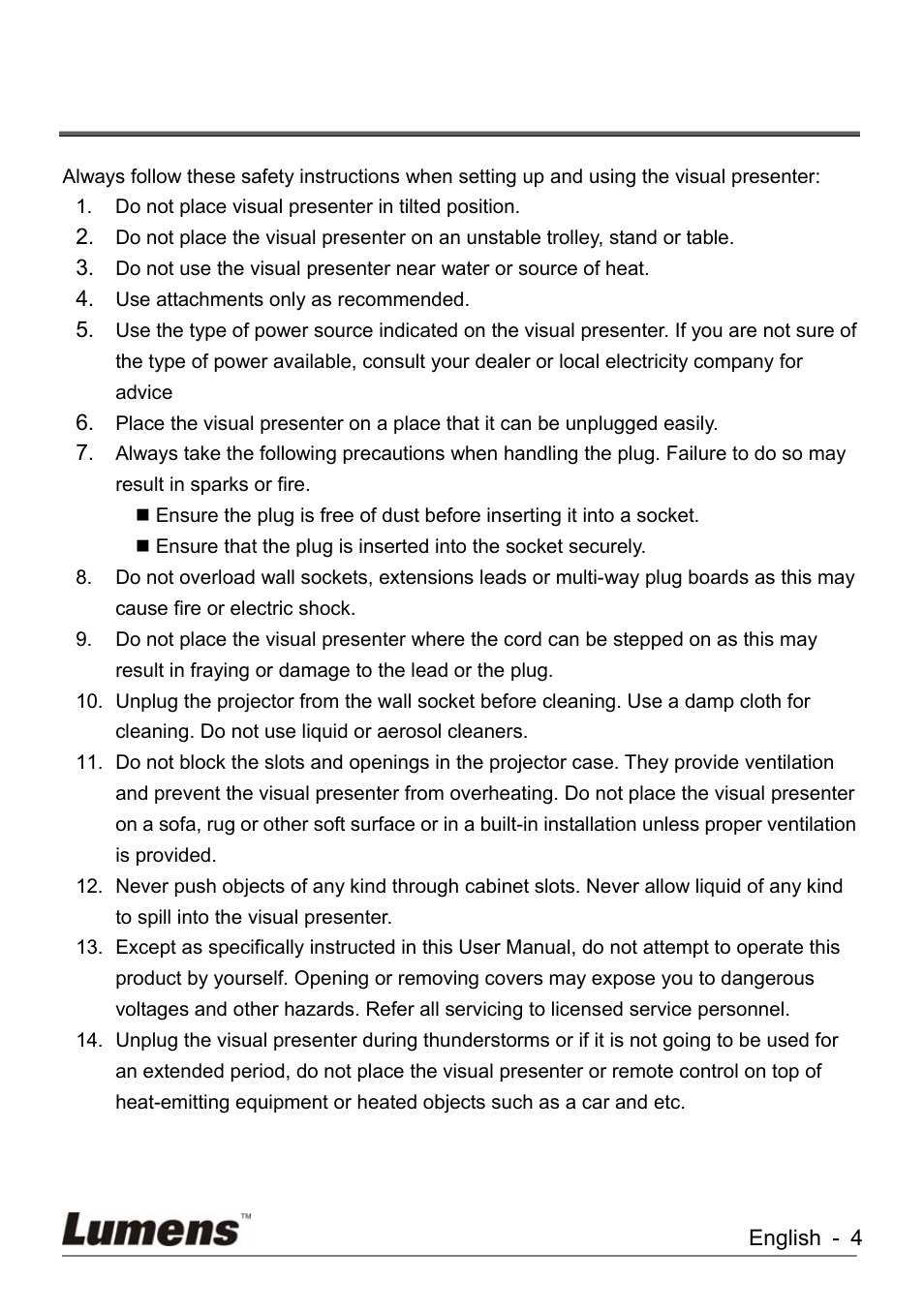Chapter 1, Precautions, Chapter 1 precautions | Lumens Technology KX-TG2560BKX-TG2560B DC260 User Manual | Page 5 / 49