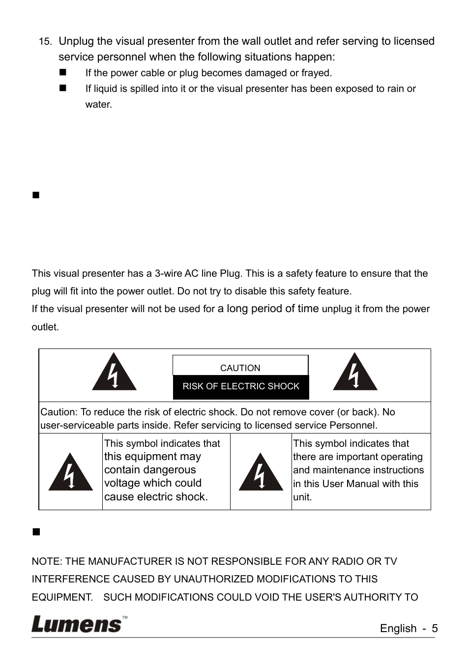 Safety precautions, Fcc warning | Lumens Technology KX-TG2560BKX-TG2560B DC260 User Manual | Page 6 / 49