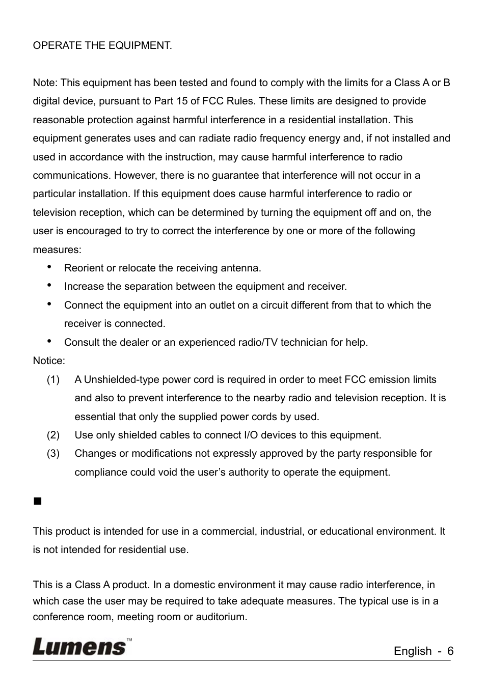 En55022 (ce radiation) warning | Lumens Technology KX-TG2560BKX-TG2560B DC260 User Manual | Page 7 / 49