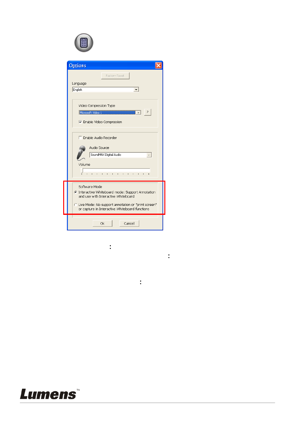 Options | Lumens Technology PC120 User Manual | Page 24 / 50