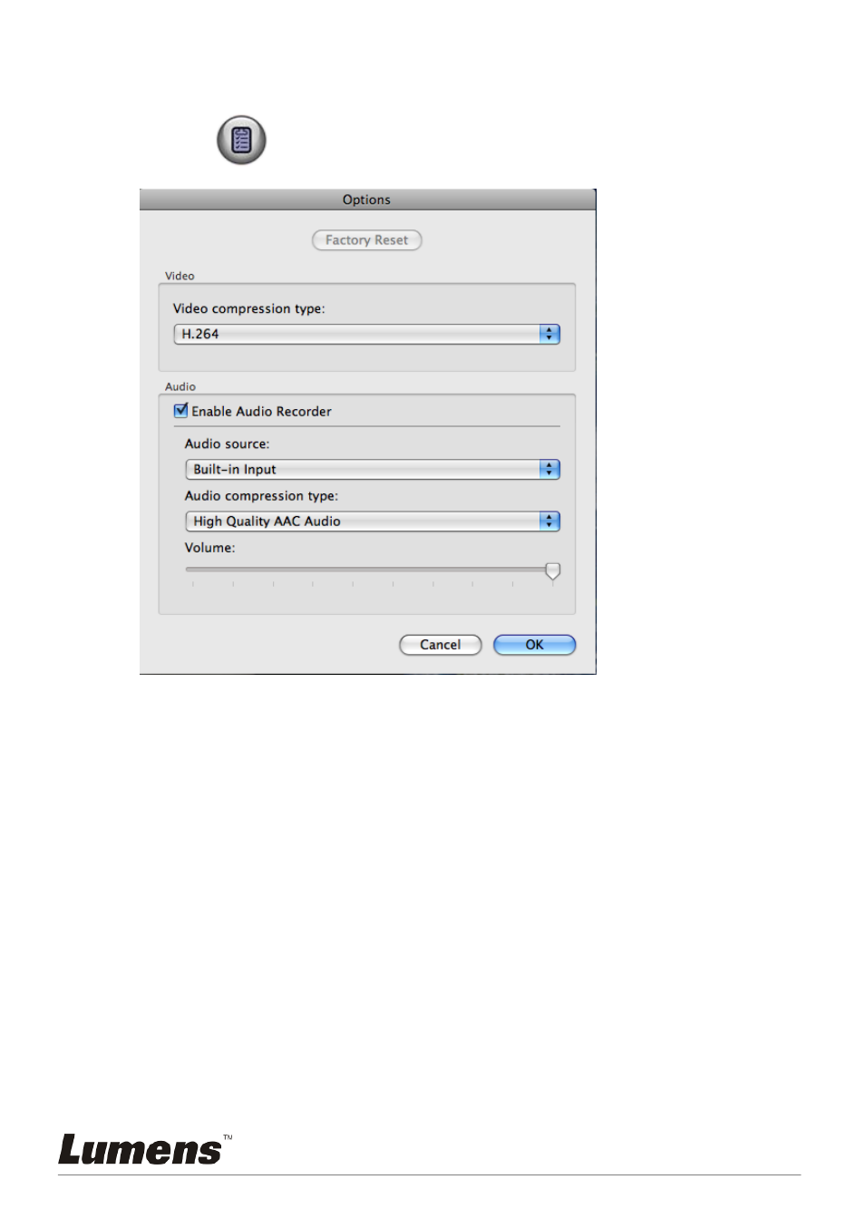 Options | Lumens Technology PC120 User Manual | Page 31 / 50