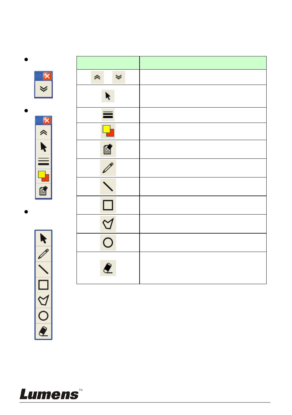 Icon, Description | Lumens Technology PS760 User Manual | Page 26 / 54